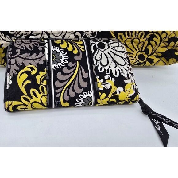 Vera Bradley Quilted Shoulder Bag & Matching Wallet - Floral Black/Yellow/Gray - Picture 7 of 8